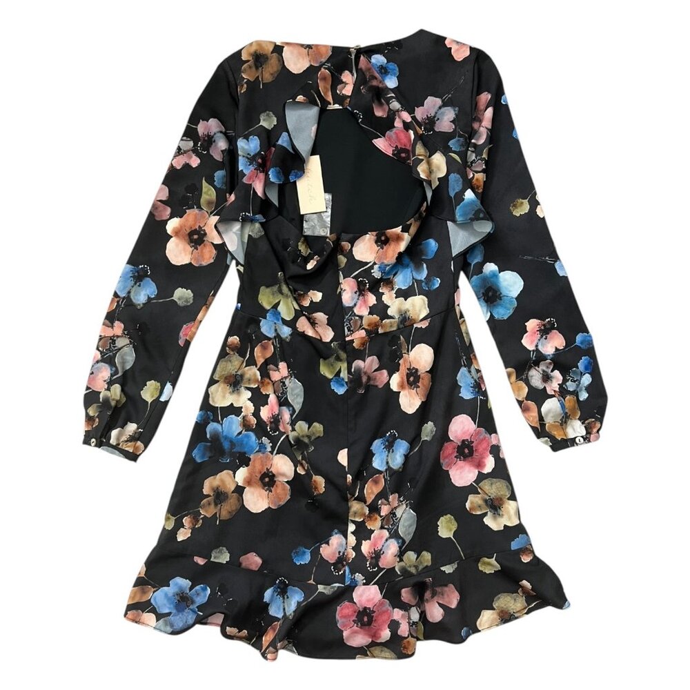 Anthropologie Hutch Shea Floral Mini Dress Black 6 Long Sleeve Ruffle Romantic - Picture 2 of 16